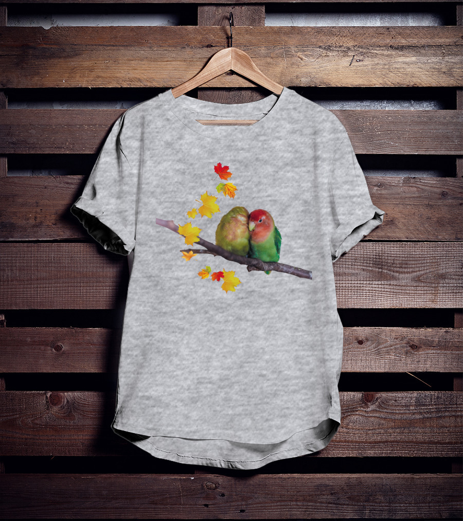 Lovebirds With Autumn Leaves On Branch T-Shirt