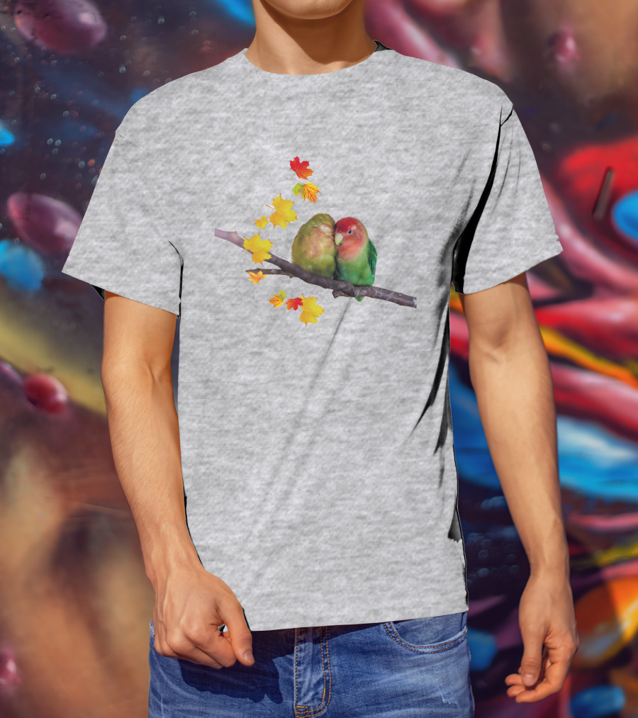 Lovebirds With Autumn Leaves On Branch T-Shirt