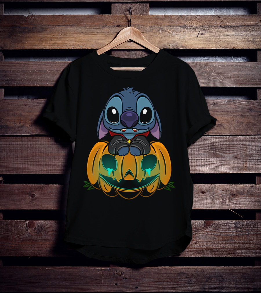 Cute Halloween Stitch With Glowing Pumpkin T-Shirt