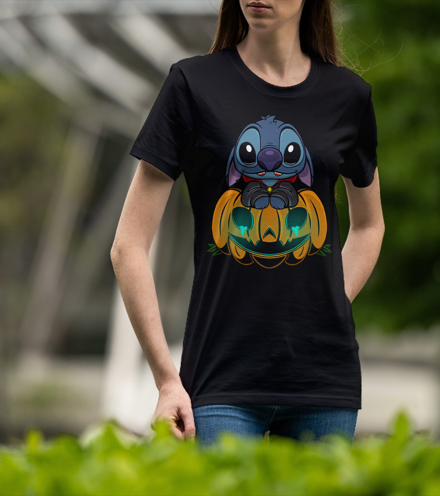 Cute Halloween Stitch With Glowing Pumpkin T-Shirt