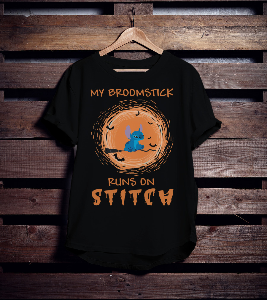 My Broomstick Runs On Stitch Halloween Bats Moon T-Shirt