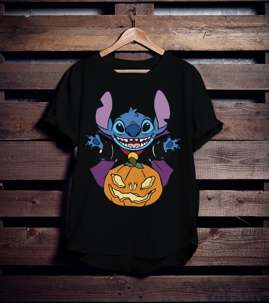 Cute Halloween Vampire Stitch Hugging Pumpkin T-Shirt