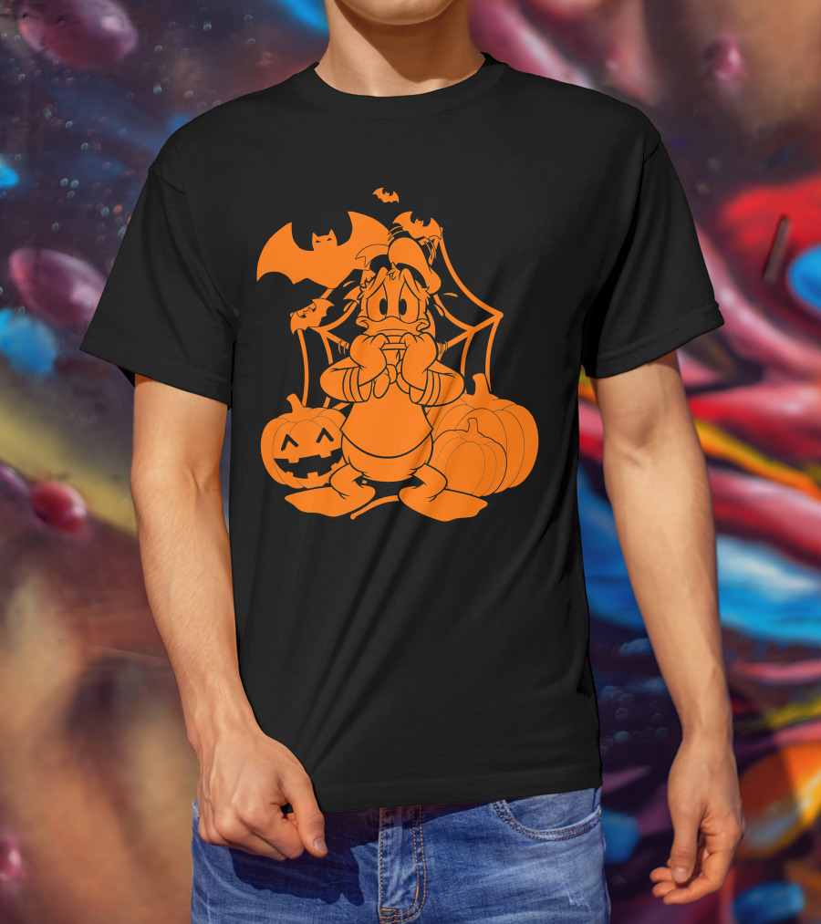 Donald Duck Halloween Pumpkins With Bat And Spider Webs T-Shirt