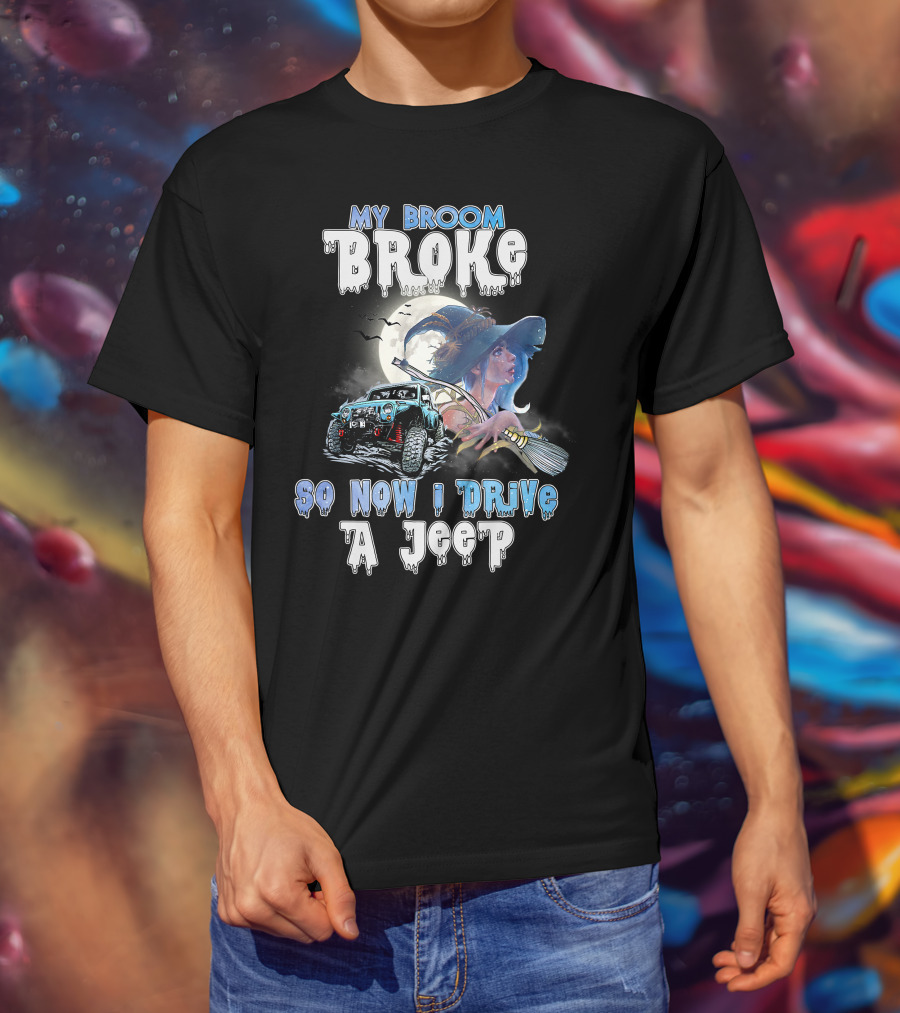My Broom Broke Witch And Jeep Adventure With Moon And Bats T-Shirt