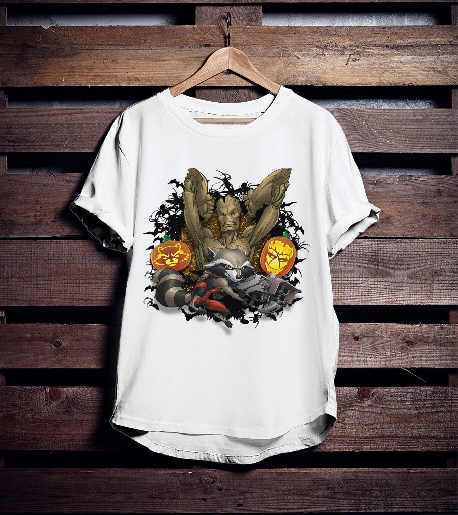 Groot And Rocket Raccoon Halloween Jack O' Lantern Duo T-Shirt
