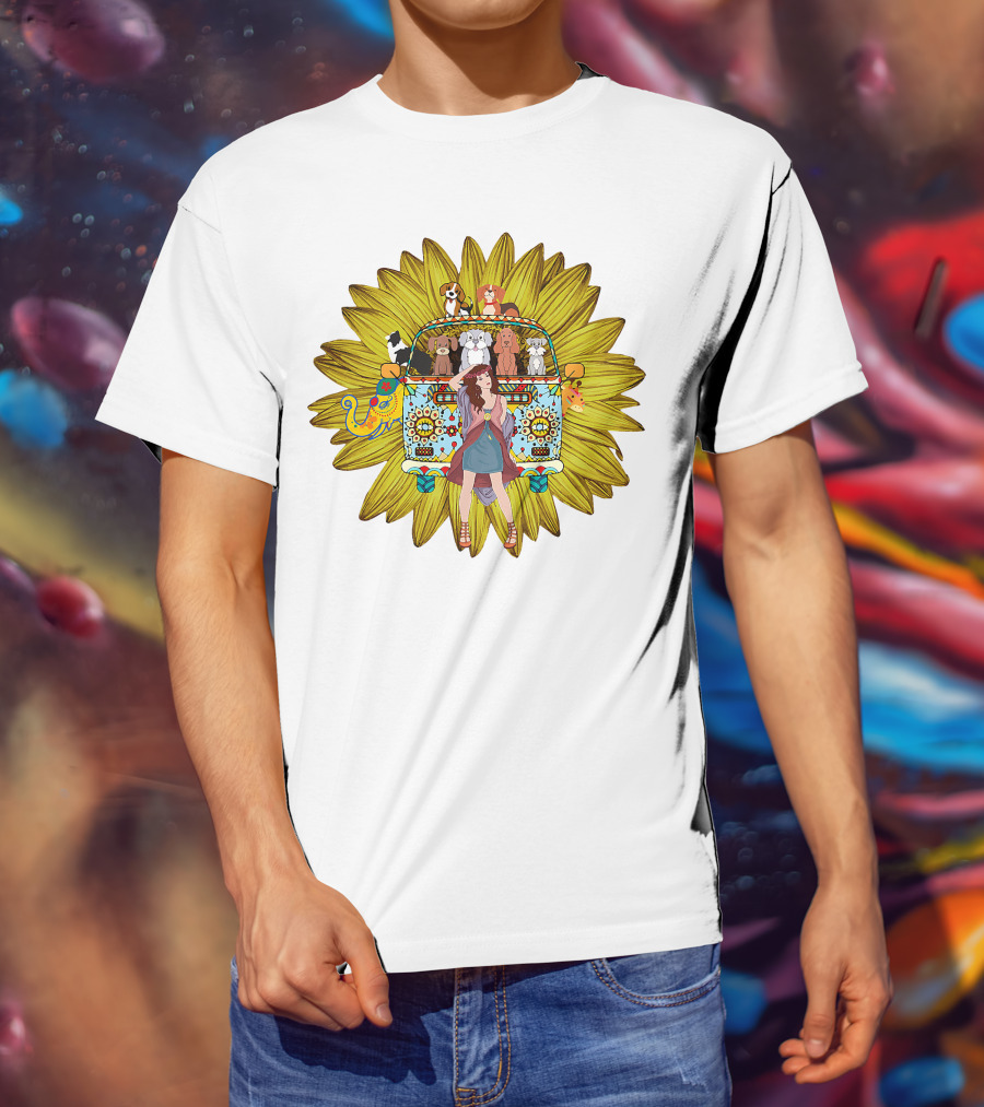I'm Mostly Peace Love Animals Hippie Van Sunflower Dogs T-Shirt