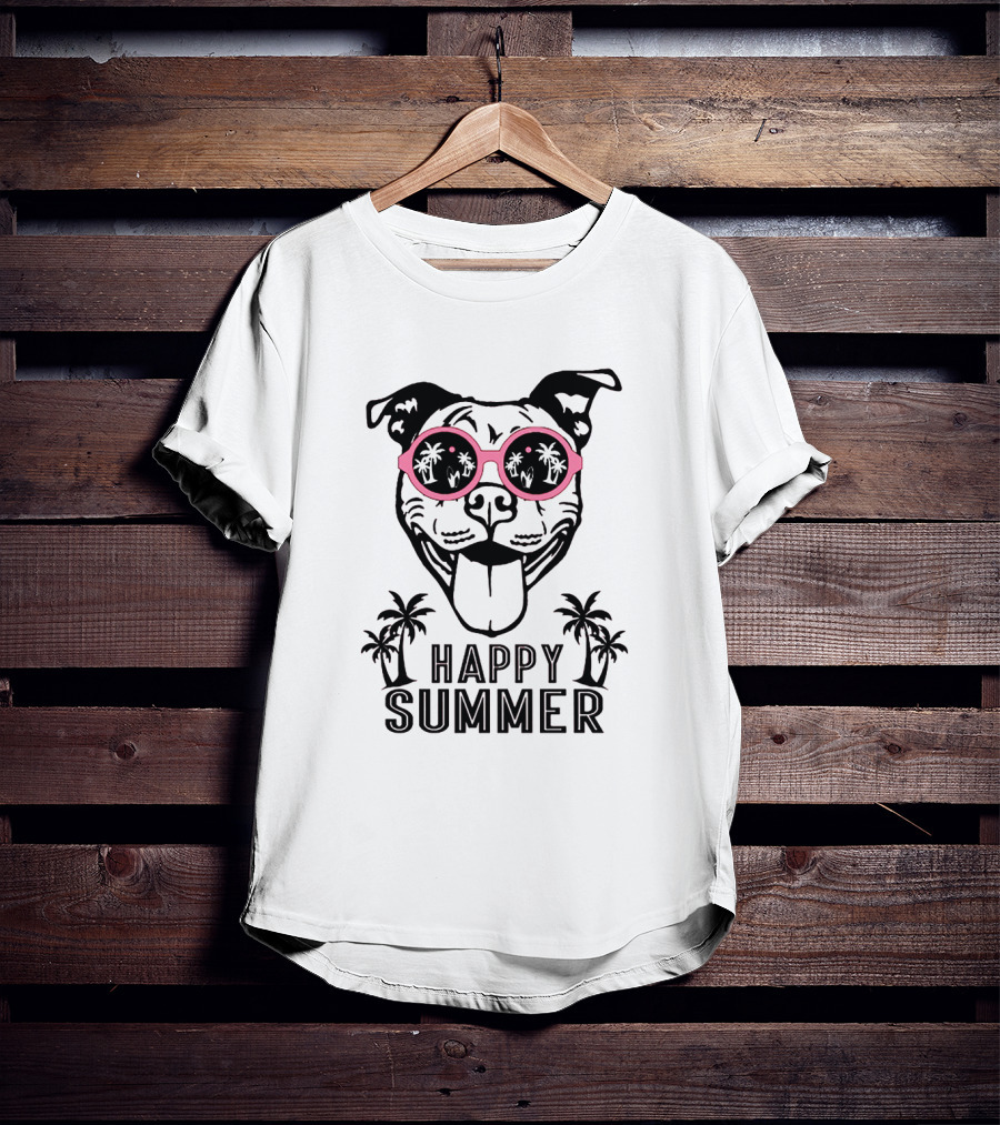 Happy Summer Dogs With Sunglasses And Palm Trees T-Shirt