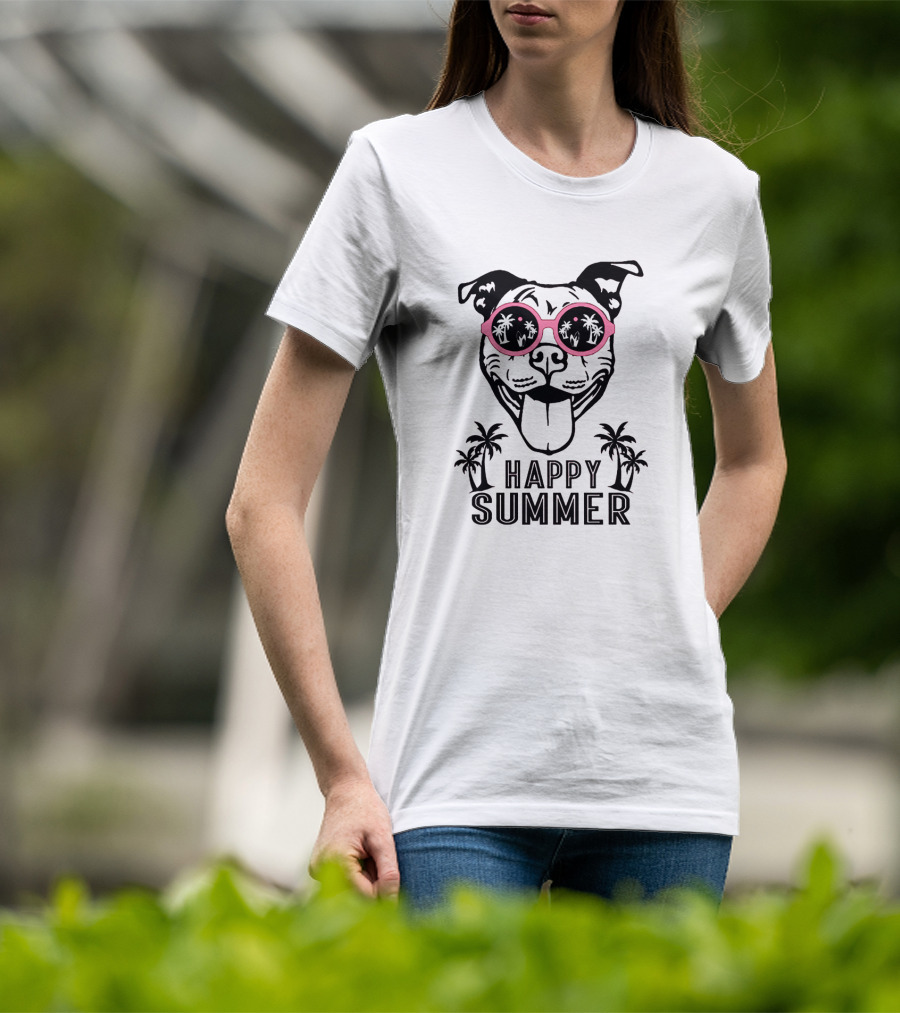 Happy Summer Dogs With Sunglasses And Palm Trees T-Shirt