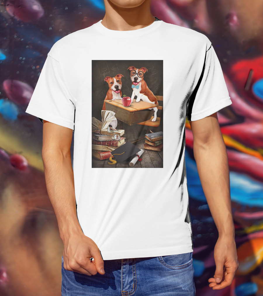 Pitbull Teacher Dogs With Books And Graduation Cap T-Shirt