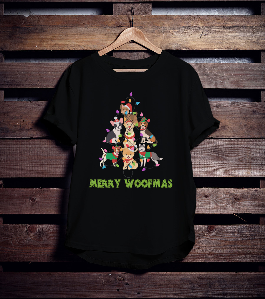 Merry Woofmas Christmas Funny Dog Holiday Tree With Festive Lights T-Shirt