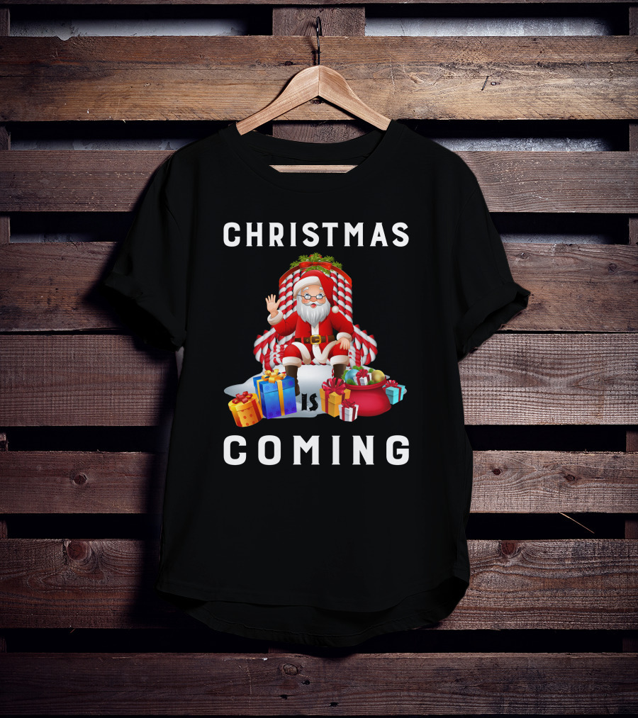 Christmas Is Coming Santa Claus With Candy Cane And Gifts T-Shirt