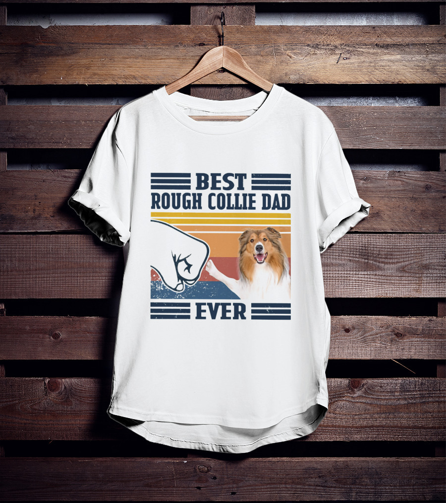 Best Rough Collie Dad Ever Fist Bump Retro Stripes T-Shirt