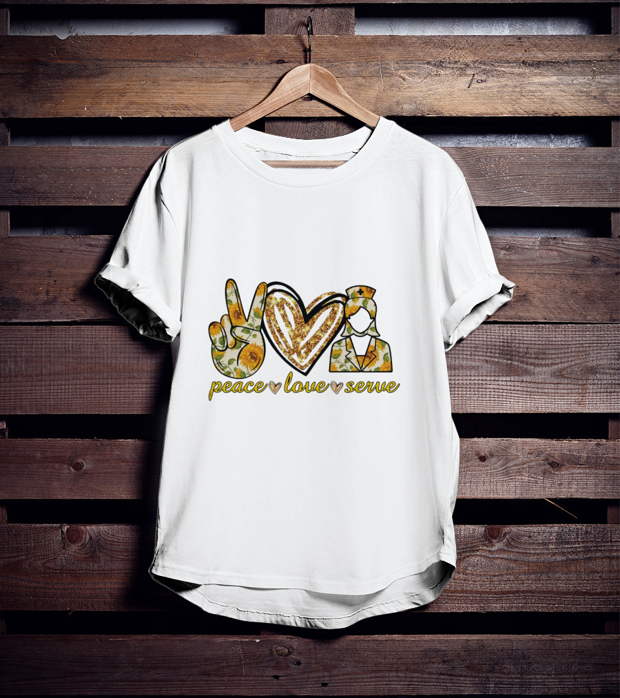 Peace Love Serve Nurse Practitioner Sunflower Heart Peace Sign Nurse Hat T-Shirt