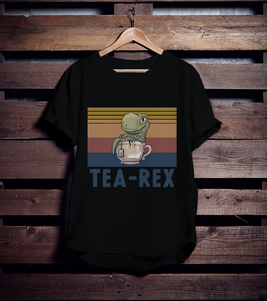 Tea Rex Dinosaur With Retro Sunset Cup T-Shirt