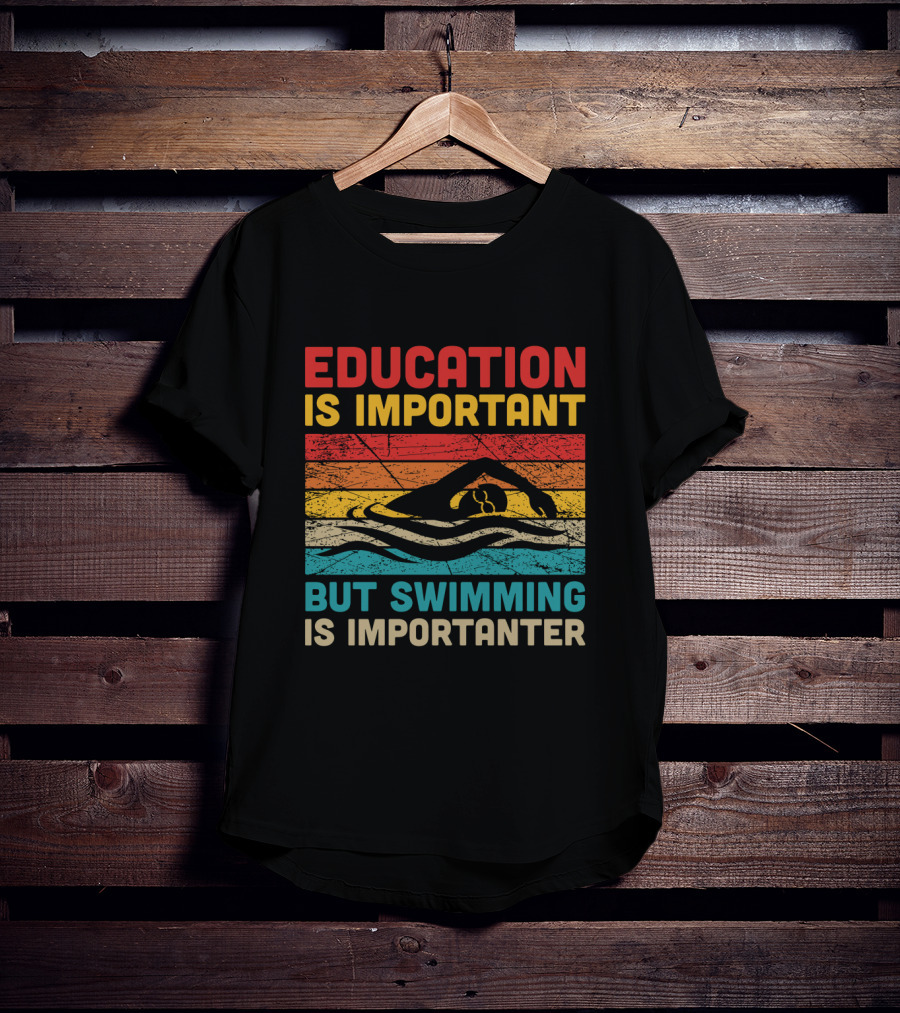 Vintage Education Is Important But Swimming Is Importanter Retro Swimmer T-Shirt