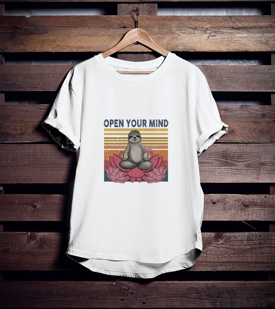 Open Your Mind Yoga Sloth On Lotus With Retro Stripes T-Shirt