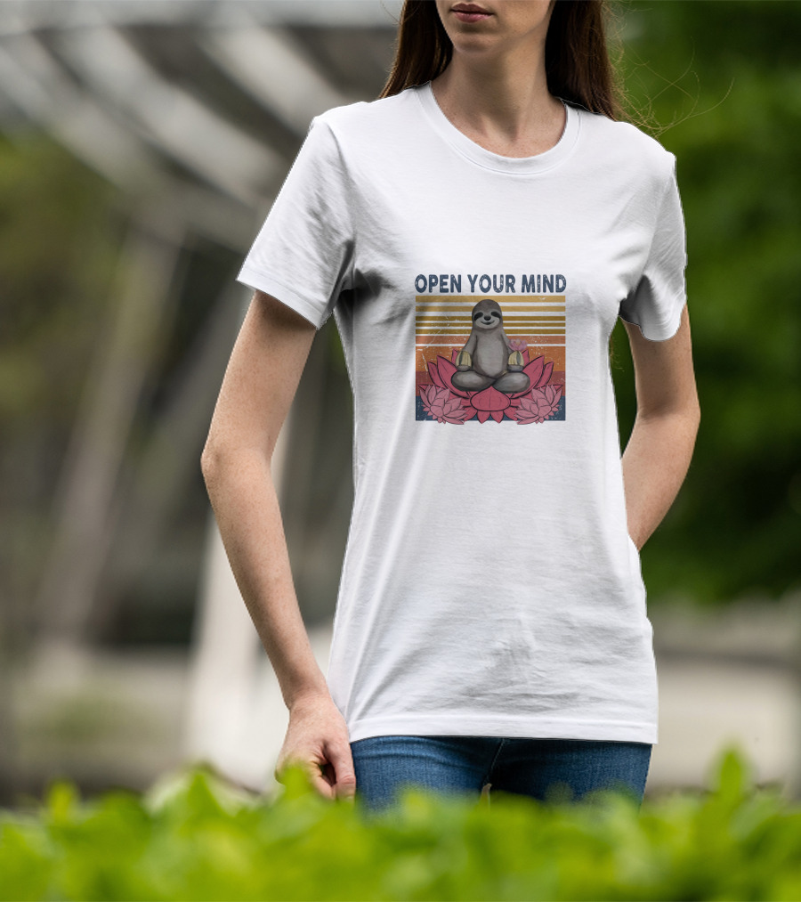 Open Your Mind Yoga Sloth On Lotus With Retro Stripes T-Shirt