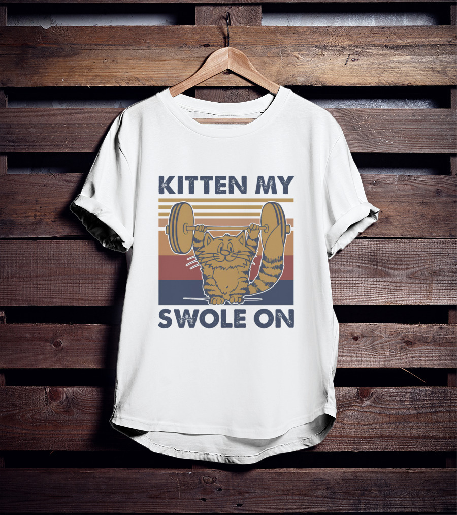 KITTEN MY SWOLE ON Cat Weightlifting Retro Stripes T-Shirt