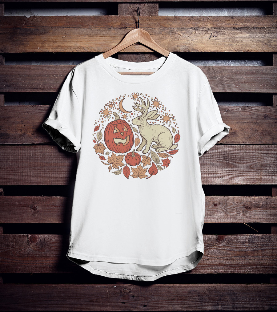 Halloween Friends Autumn Palette Jackalope Pumpkin Moon Stars Leaves T-Shirt