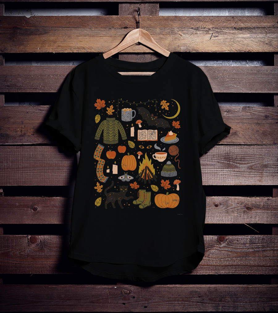 Autumn Nights Cozy Sweater Pumpkin Campfire Black Cat Moonlit Fall Leaves T-Shirt
