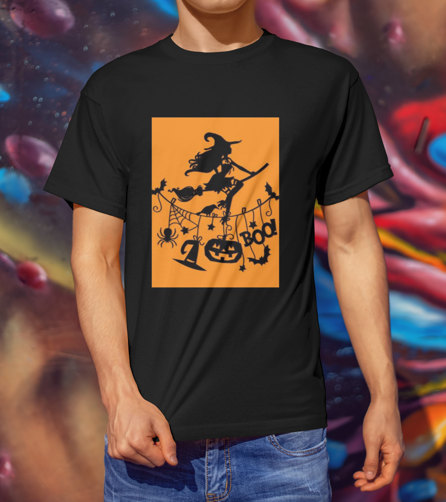 Witch On A Broom Halloween Boo Pumpkin Spider Bat Garland T-Shirt