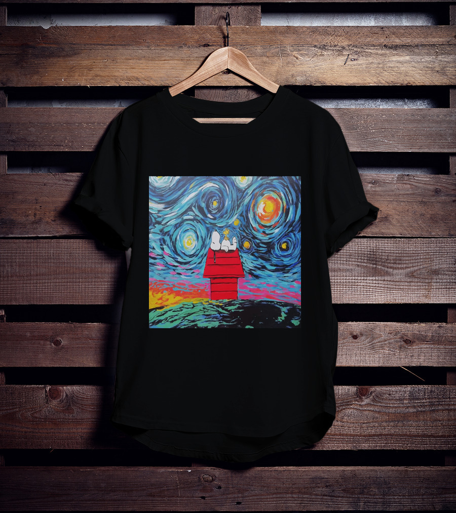 Snoopy And Woodstock On The Doghouse Under A Starry Night T-Shirt