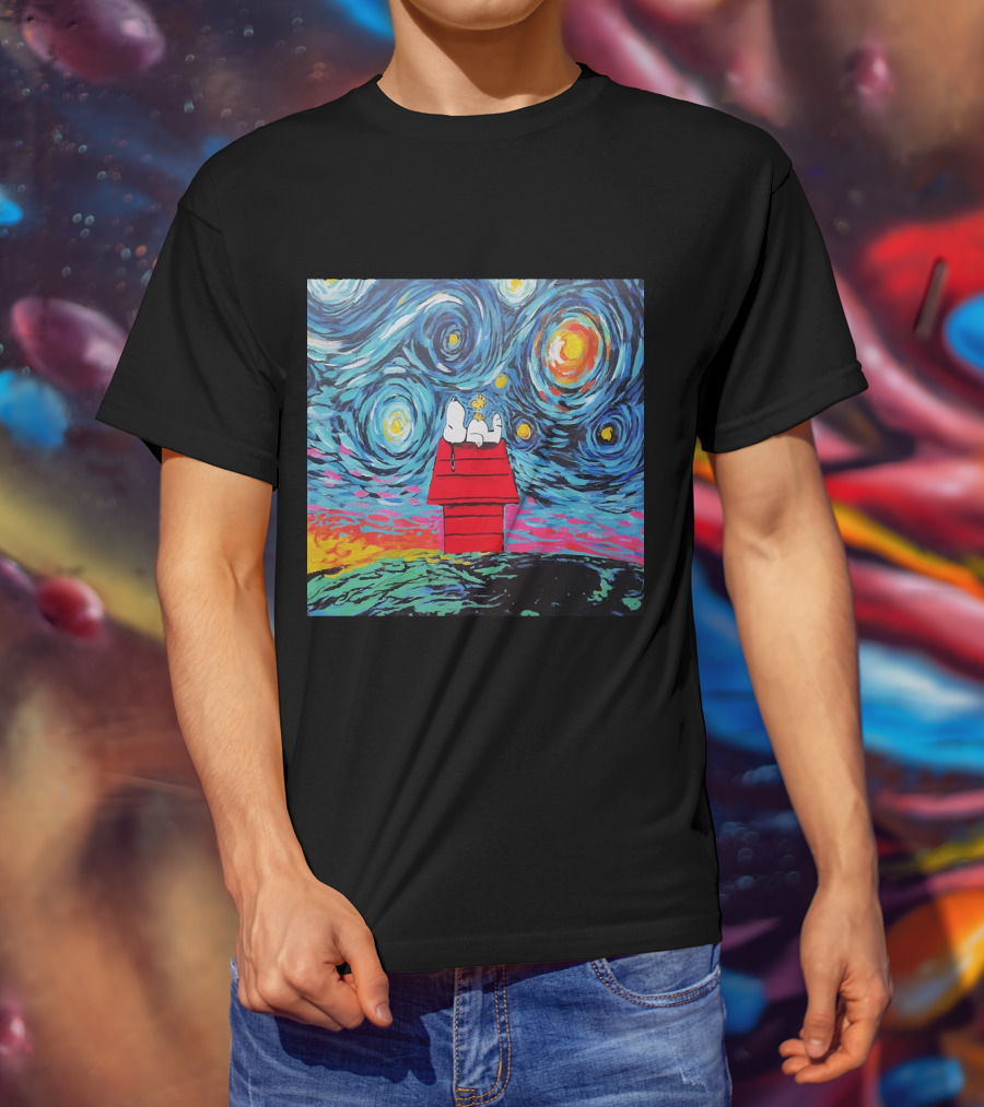 Snoopy And Woodstock On The Doghouse Under A Starry Night T-Shirt