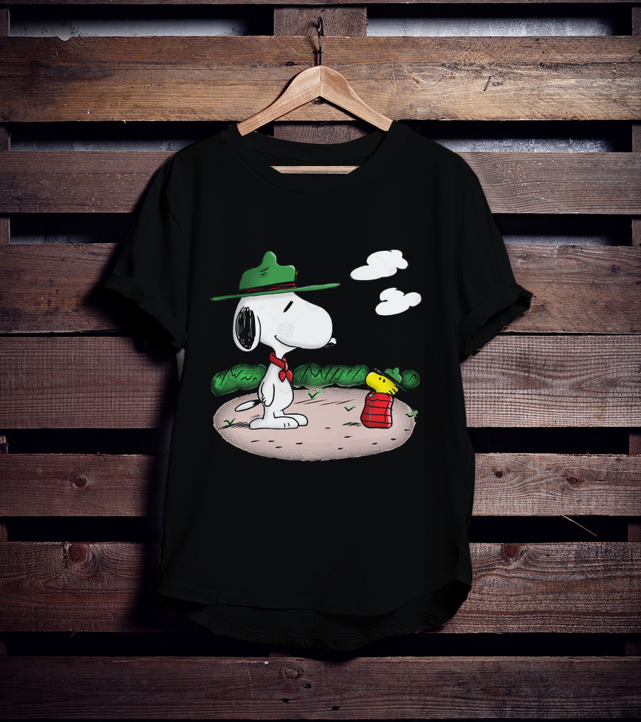 Snoopy Woodstock Camping Adventure With Green Hats And Red Scarf T-Shirt