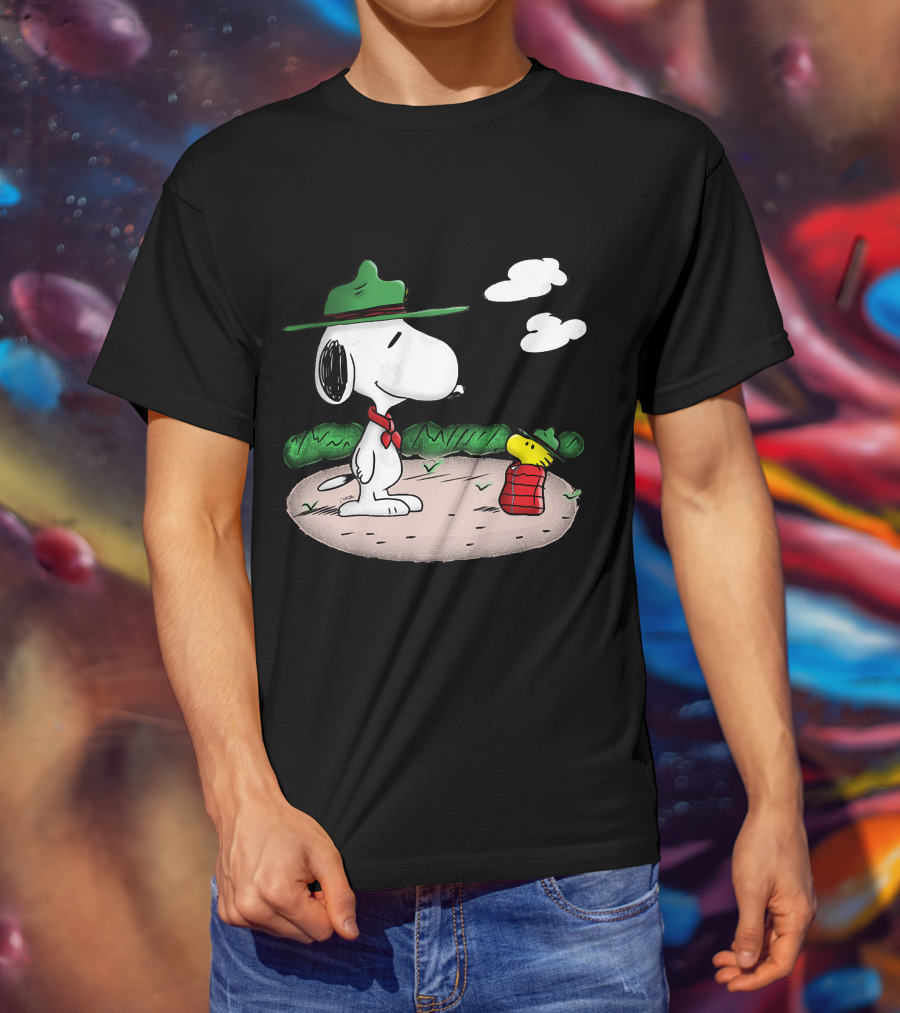 Snoopy Woodstock Camping Adventure With Green Hats And Red Scarf T-Shirt