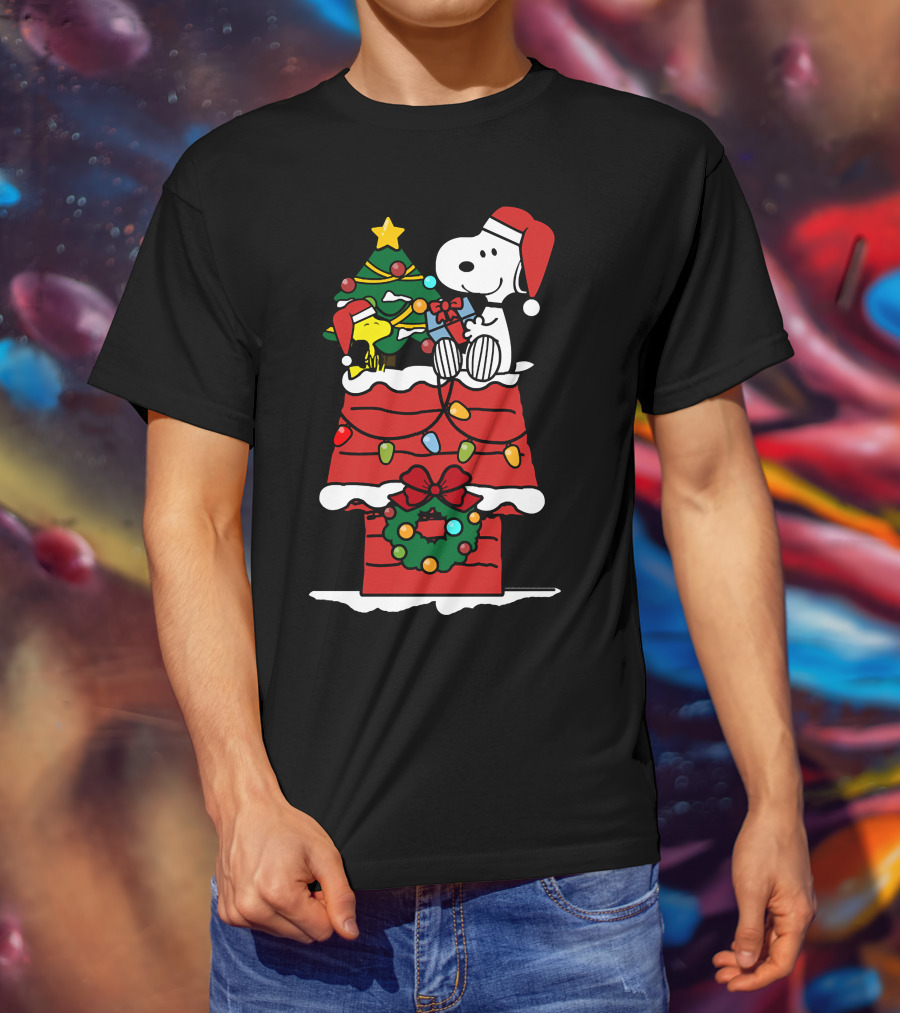 Snoopy And Woodstock Celebrate Christmas On Doghouse With Santa Hats And Tree T-Shirt