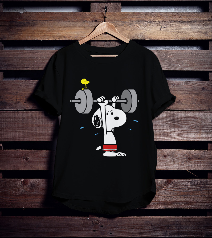 Snoopy Weightlifting With Woodstock On Barbell T-Shirt