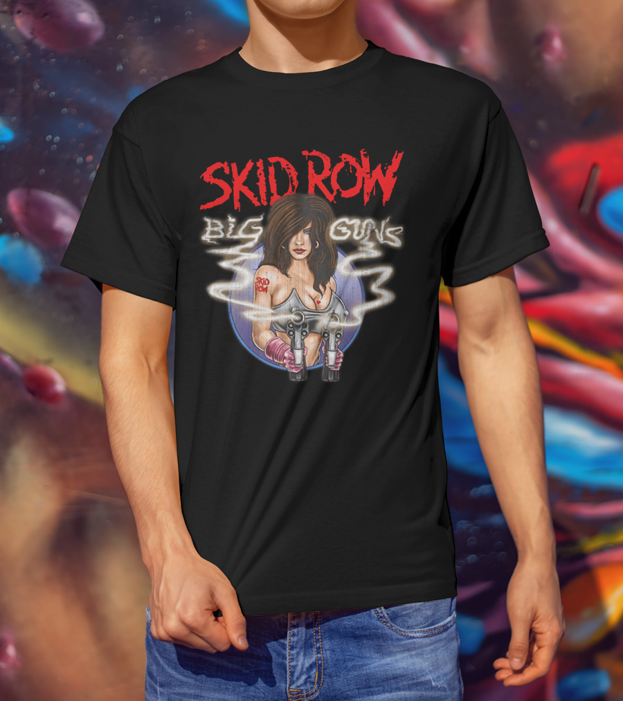 Skid Row Big Guns Heavy Metal Fan Art With Smoking Pistols Motif T-Shirt
