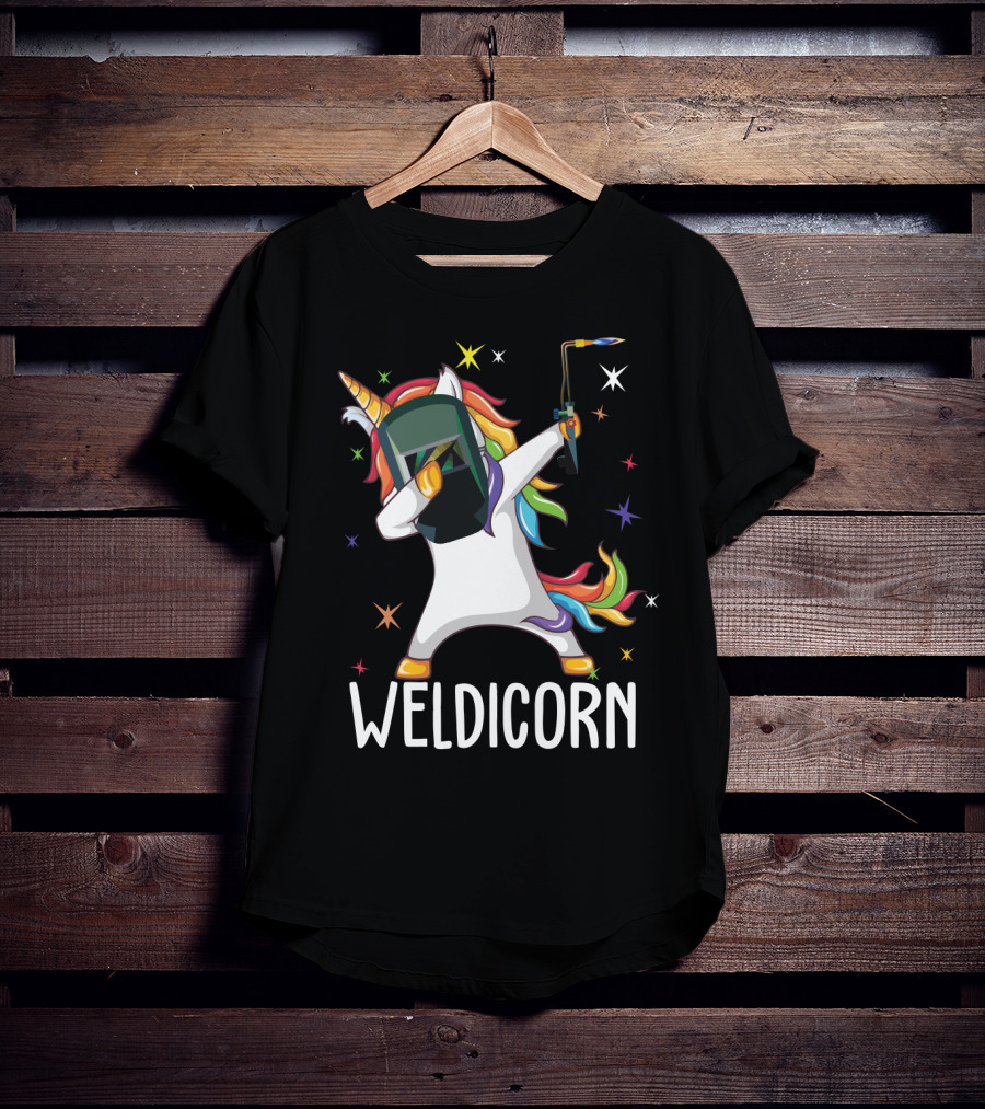 Weldicorn Funny Welder Unicorn Dabbing With Rainbow Mane And Welding Torch T-Shirt