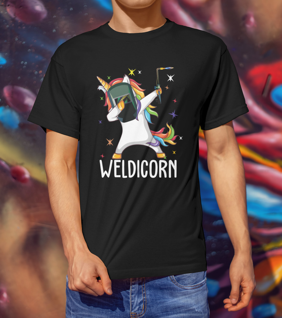 Weldicorn Funny Welder Unicorn Dabbing With Rainbow Mane And Welding Torch T-Shirt