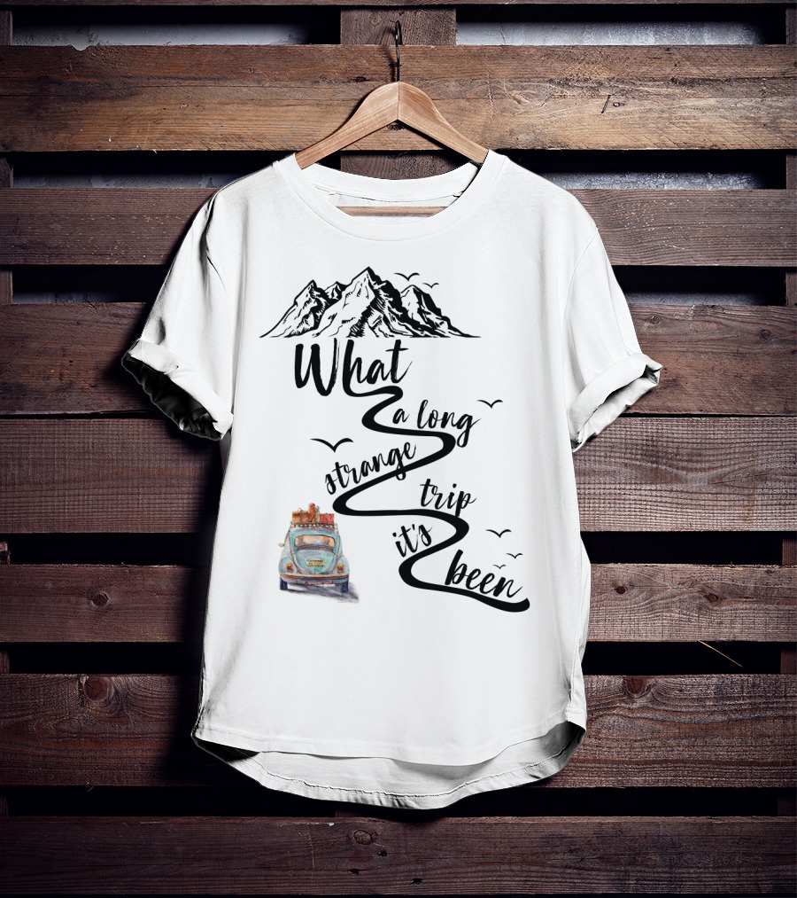 What A Long Strange Trip It's Been Grateful Dead Fans Vintage Car And Mountain Adventure T-Shirt