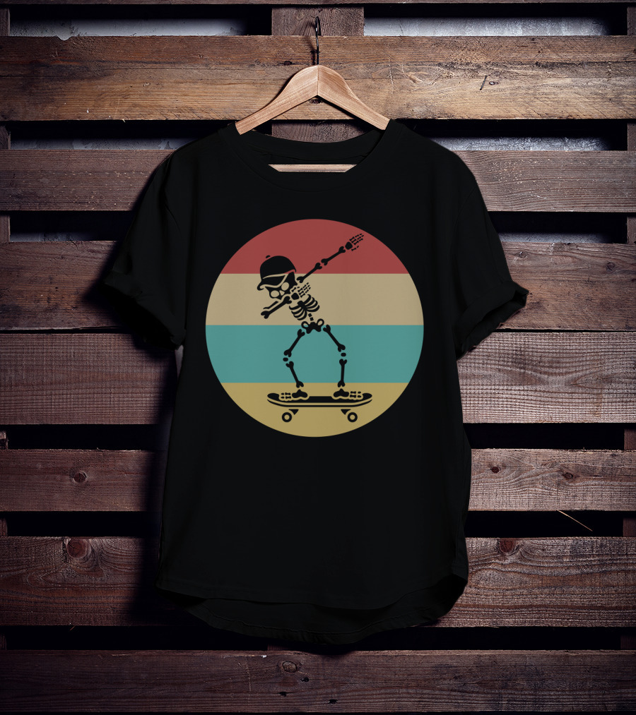 Dabbing Skeleton Skateboarder Retro Stripes Vintage Sunset T-Shirt