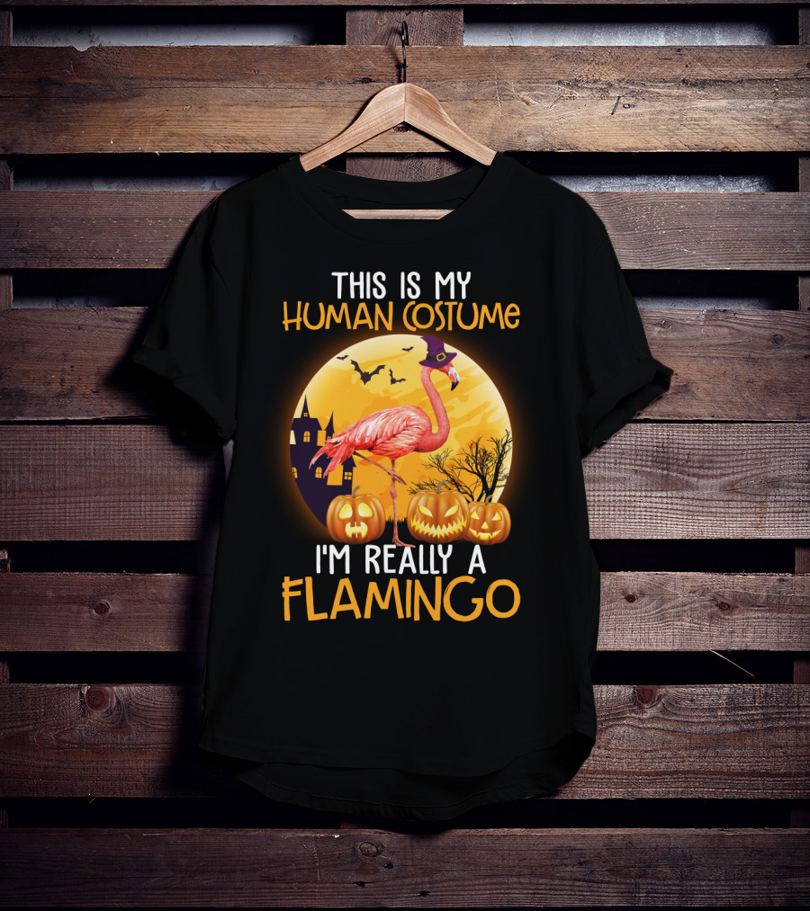 This Is My Human Costume I'm Really A Flamingo Halloween Witch With Pumpkins And Bats T-Shirt