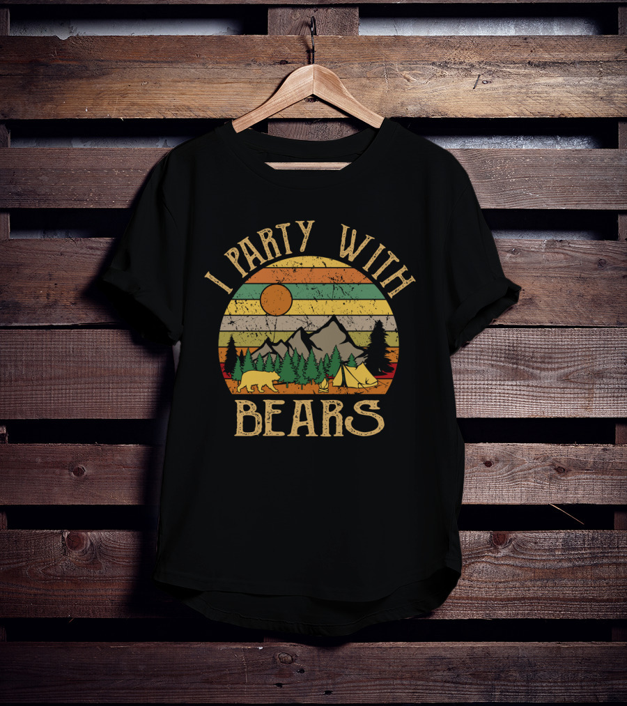 I Party With Bears Retro Sunset Camping Adventure Scene T-Shirt
