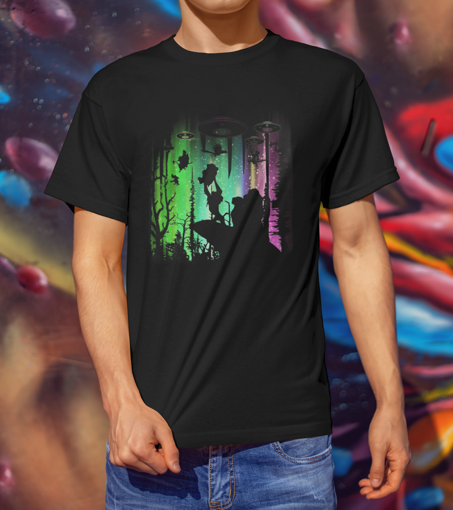 The Lion King Silhouette With UFOs And Aurora In Storm Area Scene T-Shirt