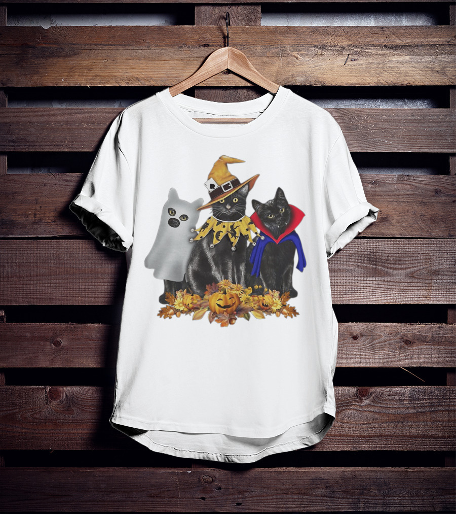 Black Cat Witch Boo Vampire Halloween With Pumpkins And Ghost Costume T-Shirt