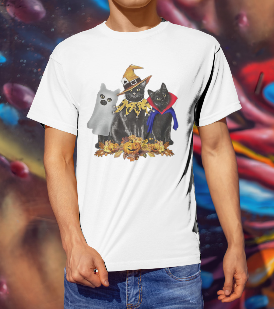 Black Cat Witch Boo Vampire Halloween With Pumpkins And Ghost Costume T-Shirt