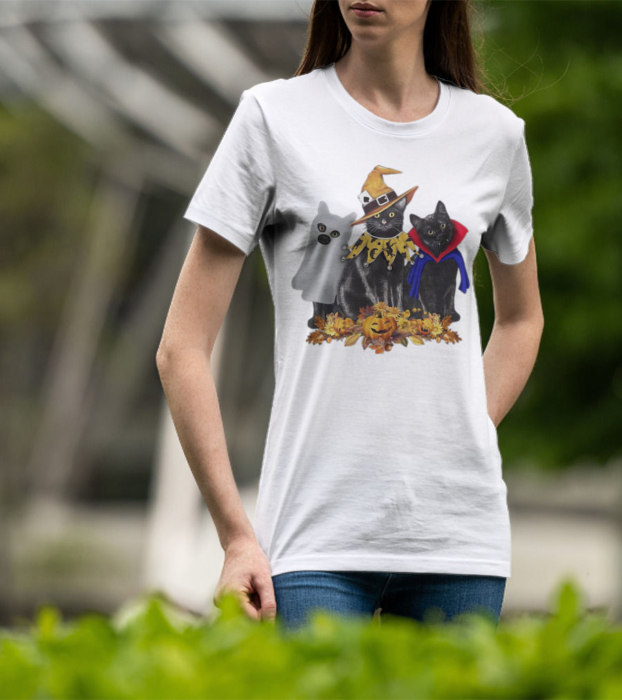 Black Cat Witch Boo Vampire Halloween With Pumpkins And Ghost Costume T-Shirt