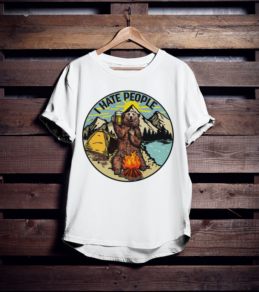 I Hate People Funny Sarcastic Camping Bear With Beer By Campfire T-Shirt