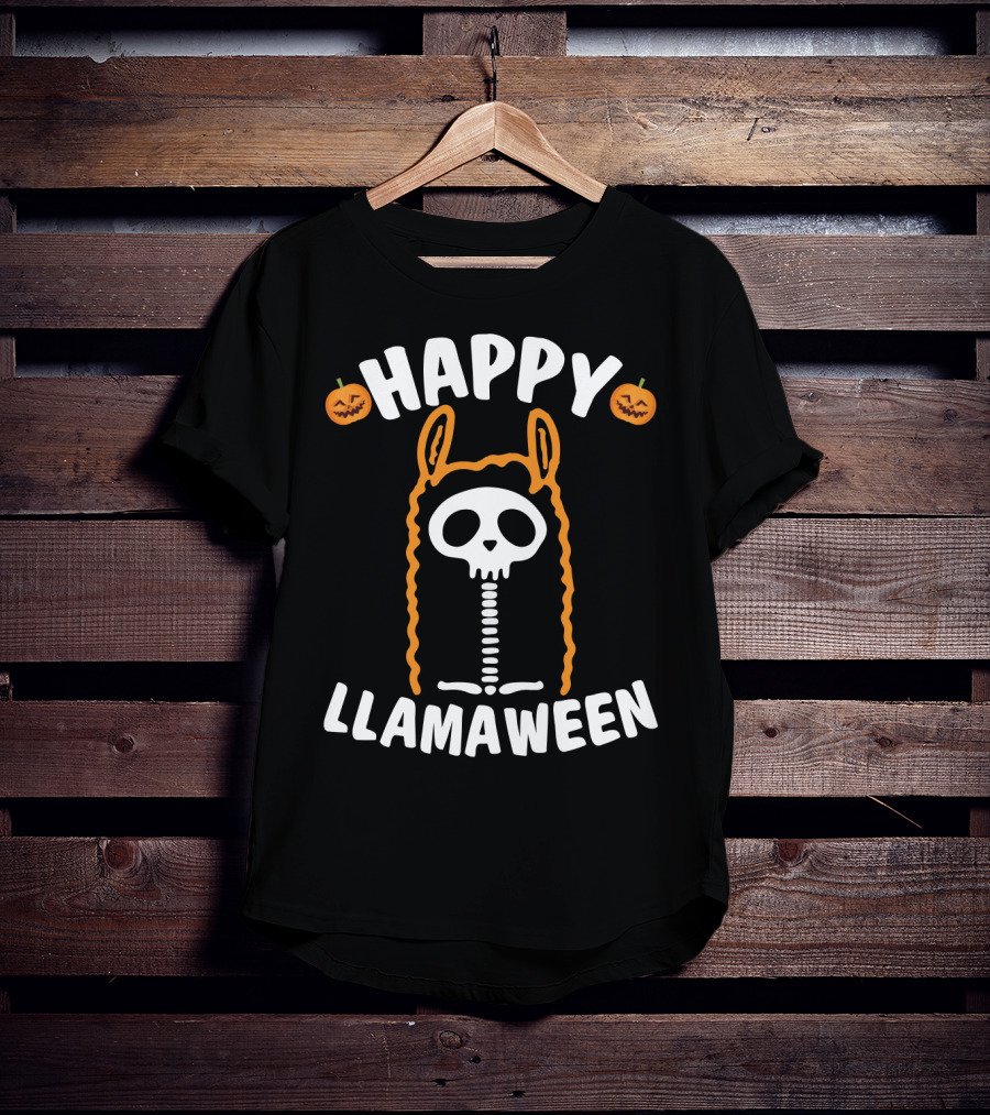 Happy Llamaween Skeleton Llama With Pumpkins And Festive Halloween T-Shirt
