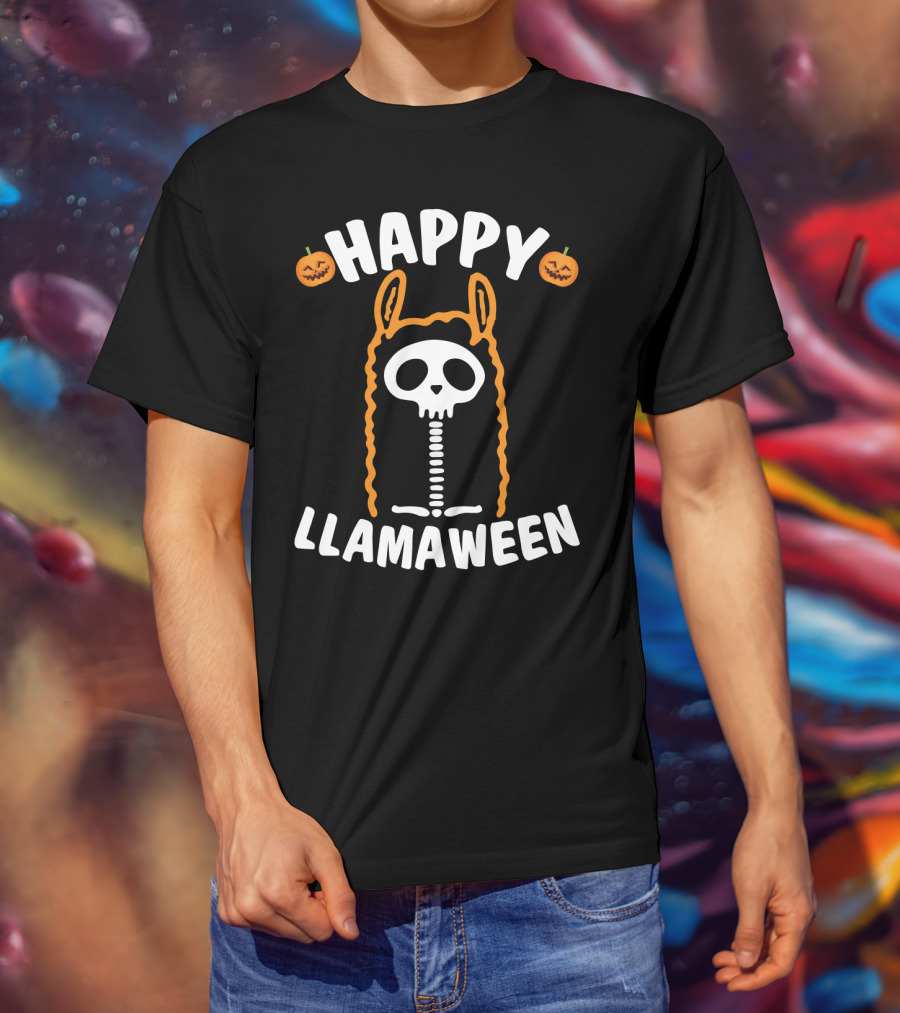 Happy Llamaween Skeleton Llama With Pumpkins And Festive Halloween T-Shirt