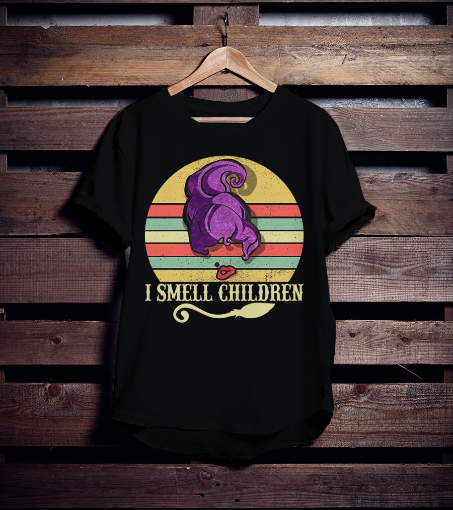I Smell Children Vintage Sunset Mary Sanderson Hocus Pocus Witch Hat Retro Stripes T-Shirt
