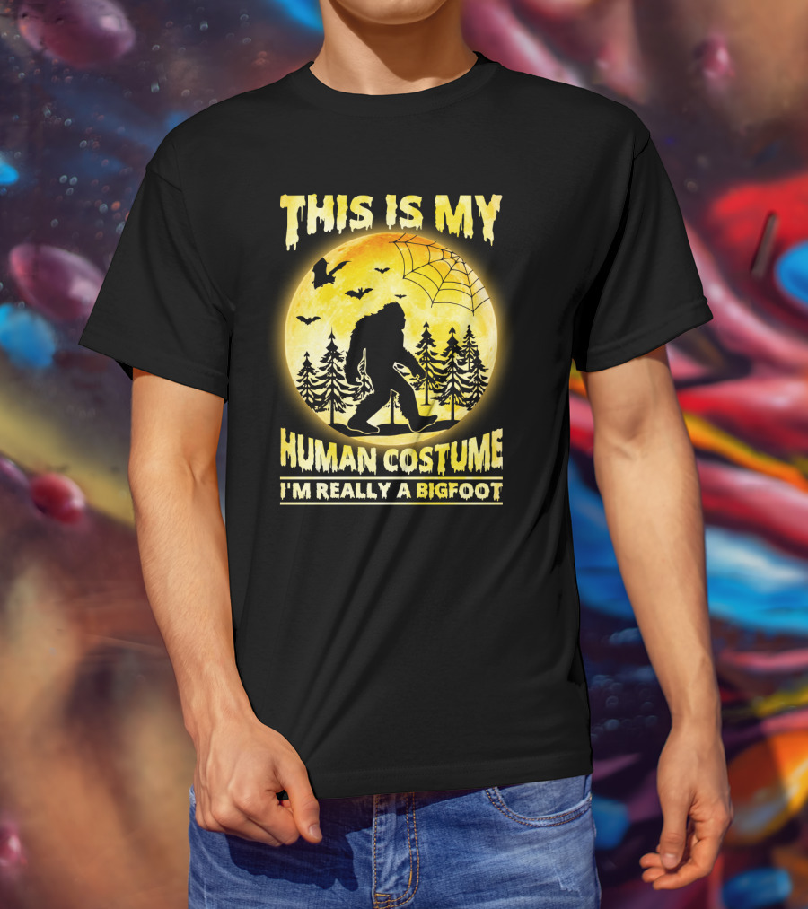 Bigfoot Silhouette In Moonlit Forest With Web And Bats - This Is My Human Costume I'm Really A Bigfoot T-Shirt