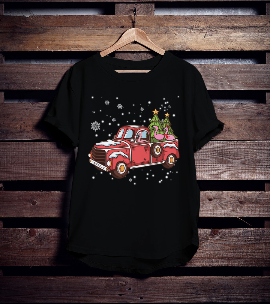 Christmas Flamingos Riding In Red Truck With Snowflakes And Christmas Trees T-Shirt