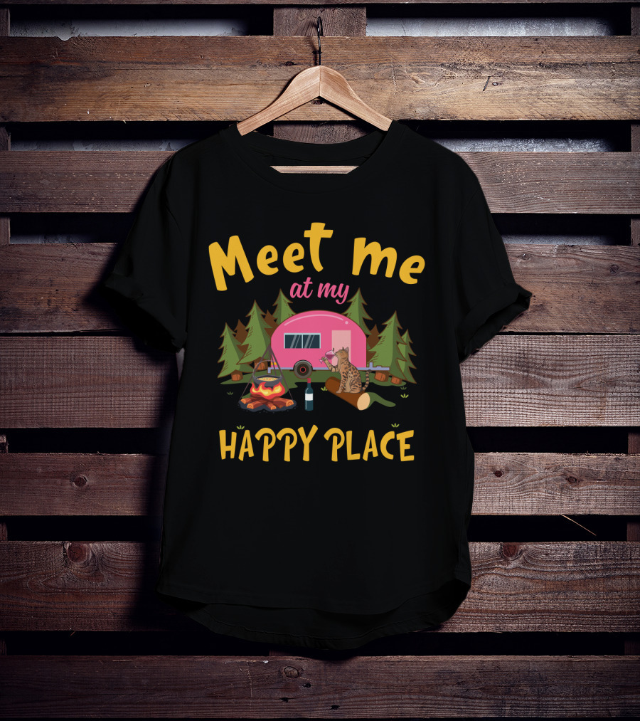 Meet Me At My Happy Place Funny Camping Cat With Wine By Campfire T-Shirt
