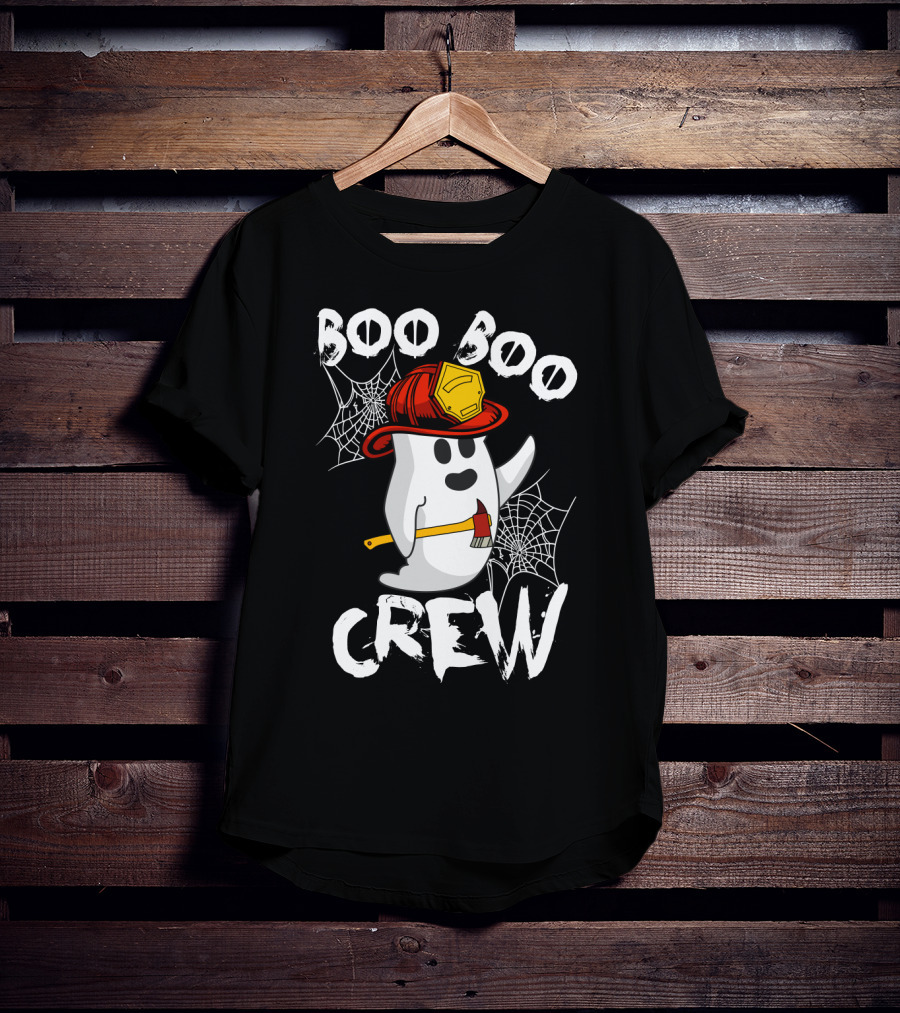 Boo Boo Crew Ghost With Firefighter Helmet And Axe Halloween T-Shirt